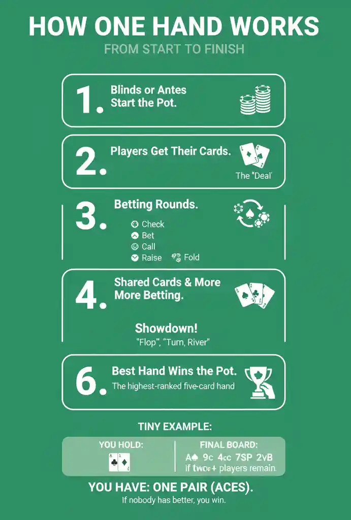 How one poker hand works: Blinds/Antes, Deal, Betting, Shared cards, Showdown, Winner