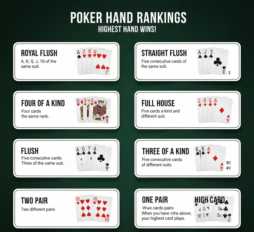 An infographic illustrating all standard poker hand ranks from Royal Flush to High Card.