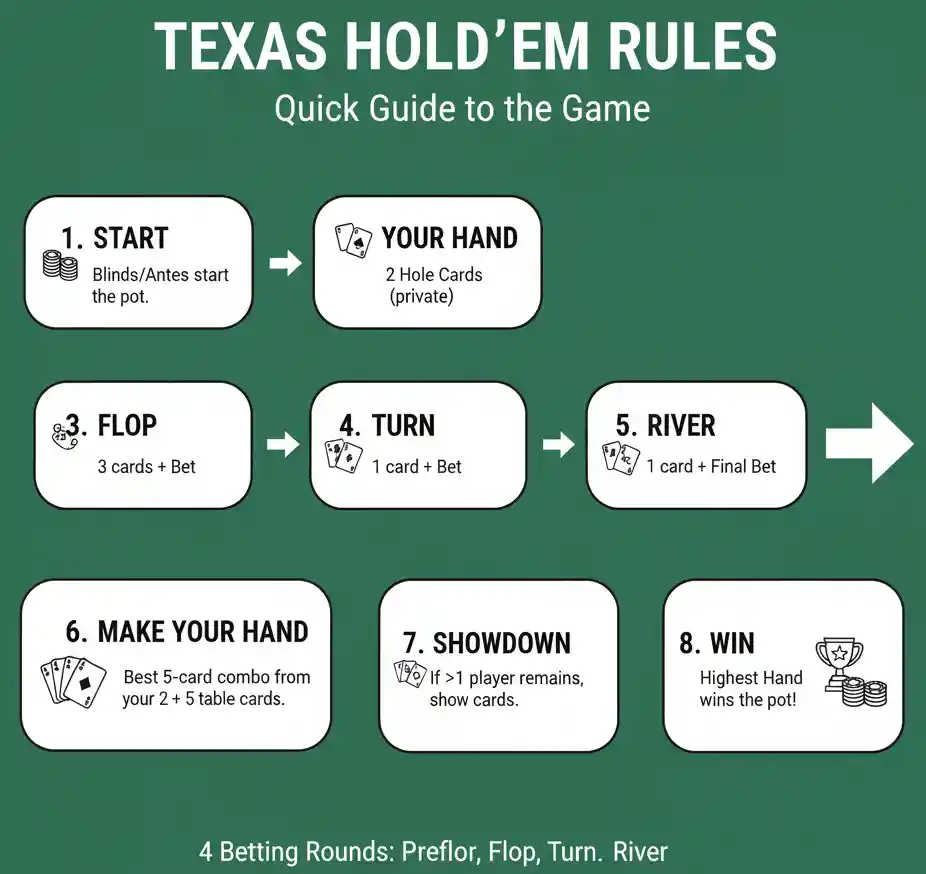 Infographic summarizing the key steps and rules of Texas Hold'em poker.
