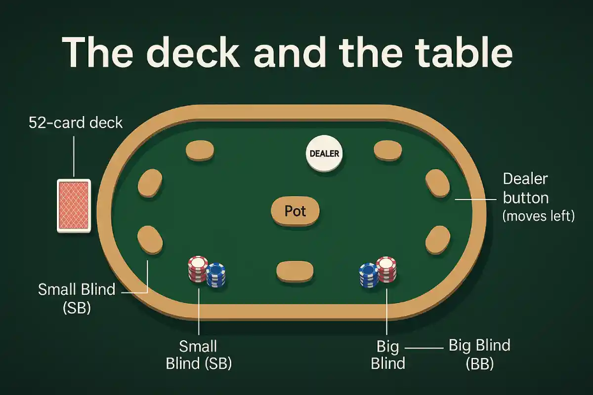 poker, deck and table
